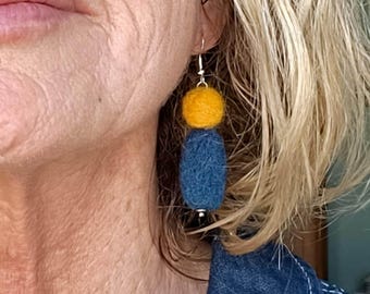 Canary Yellow & Navy Blue Felt Dangle Earrings | Handmade Boho Statement Jewelry