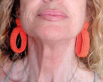 Orange Crochet Hoop Earrings: Cotton Yarn, Gold Plated Studs