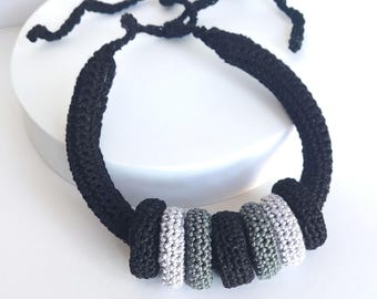 Black Multiway Crochet Statement Necklace - Curved Necklace & Chunky Rings, Adjustable