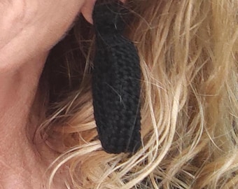 Black Crochet Hoop Earrings - Lightweight Cotton Yarn with goldPlated Studs