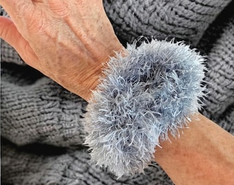 Gray Chunky Faux Fur Crochet Bracelet - Fluffy Cuff Bangle
