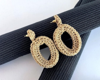 Chunky Crochet Hoop Earrings: Golden Yarn, Gold Plated Studs