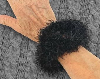 Black Chunky Faux Fur Crochet Bracelet - Fluffy Cuff Bangle