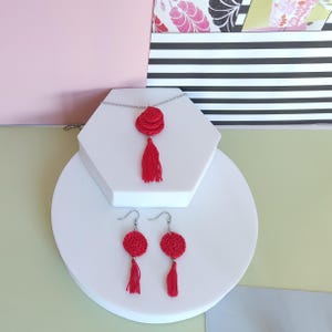 Red Crochet Jewelry Set: Tassel Necklace and Earrings