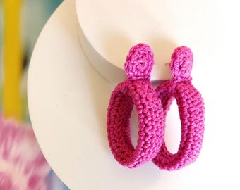 Pink Crochet Hoop Earrings - Lightweight Cotton Yarn with Gold-Plated Studs