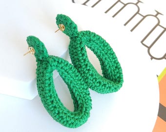 Emerald Green Crochet Hoop Earrings: Cotton Yarn, Gold Plated Studs