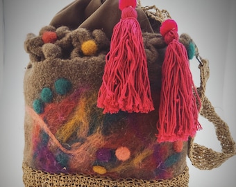 Crochet felt handbag crochet handbag drawstring handbag  beige brown multicoloured shoulder bag tassel bag