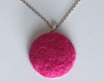 Hot Pink Cabochon Necklace  Needle Felted Pendant  Handmade Fiber Jewelry  Stainless Steel Chain  Boho