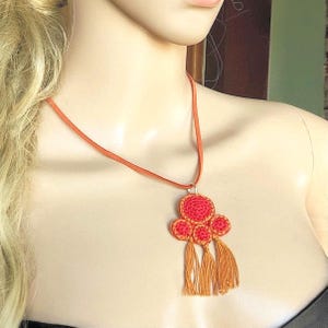 Crochet Pendant Necklace: Red & Camel Cord with Leather Strap