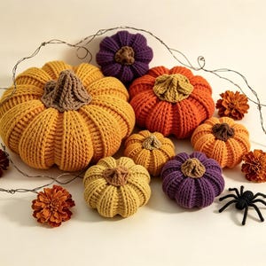 Puede incluir: Una colección de calabazas de ganchillo en amarillo, naranja y morado con tallos marrones, dispuestas con flores de caléndula naranjas, una pequeña araña de ganchillo negra y una fina guirnalda de luces de alambre sobre el grupo.