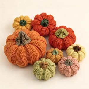 Puede incluir: Una colección de nueve calabazas tejidas a mano en varios tamaños y colores, incluyendo tonos naranja, amarillo, verde y rosa. Cada calabaza presenta una textura acanalada y un pequeño tallo tejido en contraste en la parte superior central.