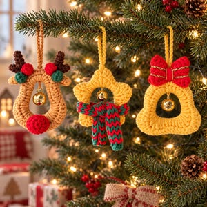 Puede incluir: Tres adornos navideños de ganchillo colgados de un árbol. A la izquierda, un reno beige con astas marrones y nariz roja. En el centro, una estrella amarilla con una bufanda roja y verde. A la derecha, una campana amarilla con un lazo rojo.