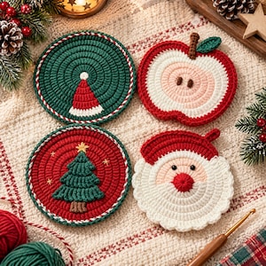 Puede incluir: Cuatro posavasos redondos de ganchillo con motivos navideños: uno verde oscuro con un gorro de Papá Noel, uno rojo con un árbol de Navidad, uno con forma de manzana en rojo y blanco, y otro con la cara de Papá Noel con su gorro rojo.