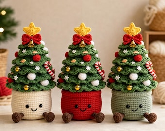 May include: Three crocheted Christmas tree figurines in pots, each topped with a yellow star and red bow with a bell. The trees feature red and white ornaments, candy canes, and white snowflakes. The pots are cream, red, and sage green with faces.