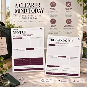 May include: Two white organizational planning sheets titled Next Up and The Parking Lot with dark purple accents and text. The sheets feature sections for task management, goal setting, and mental clarity, accompanied by icons and descriptive text.