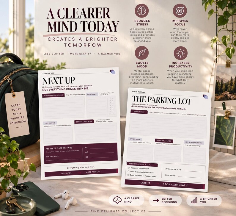 May include: Two white organizational planning sheets titled Next Up and The Parking Lot with dark purple accents and text. The sheets feature sections for task management, goal setting, and mental clarity, accompanied by icons and descriptive text.