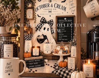 Halloween-Küchenbild von October & Cream Coffee Co., Gingham-Geist, Herbst-Café-Kunst (Digitaler Download)