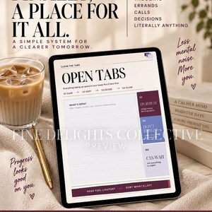 May include: A digital tablet displaying a planner page titled OPEN TABS with sections for tasks, thoughts, errands, calls, and decisions. The screen shows a structured layout with categories labeled ON REPEAT, DON'T FORGET, and CAN WAIT in a clean interface.