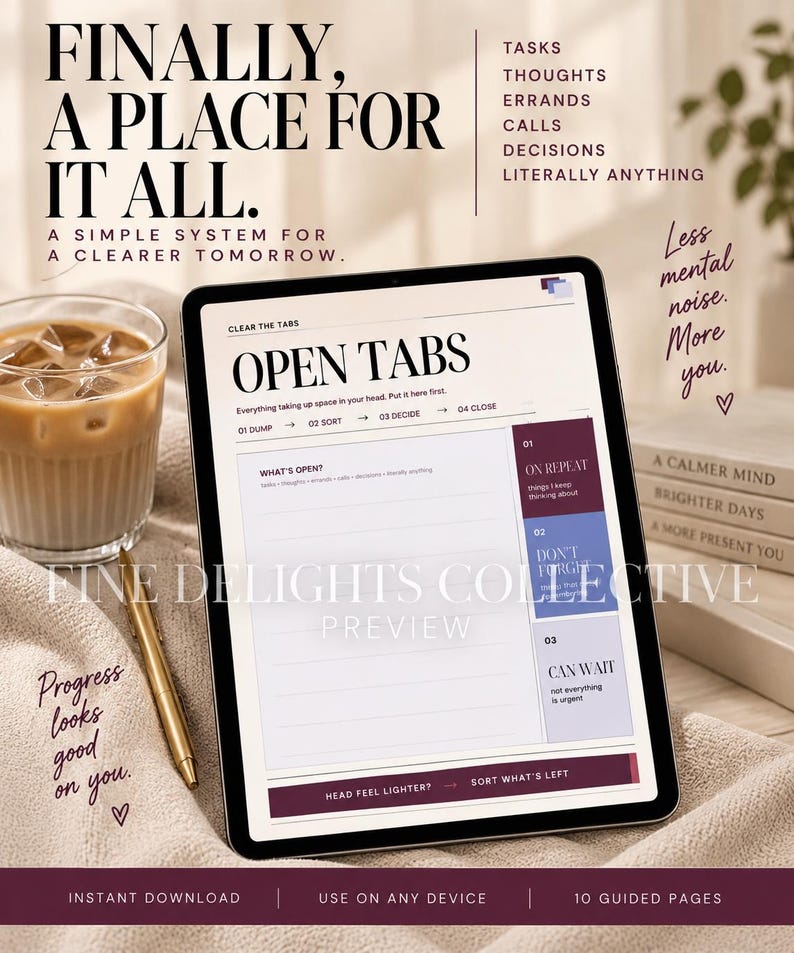 May include: A digital tablet displaying a planner page titled OPEN TABS with sections for tasks, thoughts, errands, calls, and decisions. The screen shows a structured layout with categories labeled ON REPEAT, DON'T FORGET, and CAN WAIT in a clean interface.