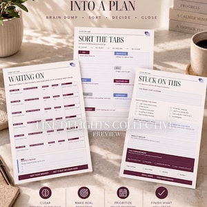 May include: Three white planning sheets with dark purple text and accents. The sheets are titled "WAITING ON," "SORT THE TABS," and "STUCK ON THIS." They feature structured grids, checklists, and prompts for organizing tasks, managing mental clutter, and tracking progress.