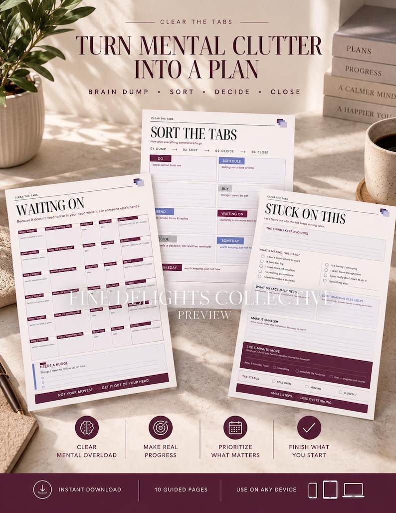 May include: Three white planning sheets with dark purple text and accents. The sheets are titled "WAITING ON," "SORT THE TABS," and "STUCK ON THIS." They feature structured grids, checklists, and prompts for organizing tasks, managing mental clutter, and tracking progress.