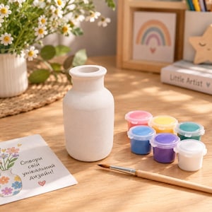 Può includere: Un vaso in ceramica bianco opaco da dipingere, accompagnato da sei piccoli contenitori circolari di vernice acrilica colorata e un pennello in legno. È inclusa una carta bianca con un'illustrazione floreale e il testo "Створи свій унікальний дизайн!"