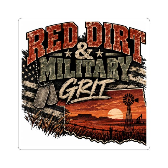 Red Dirt & Military Grit Kiss-Cut Sticker | Rustic Flag Sunset Design