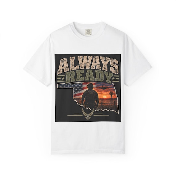 Always Ready military silhouette T-shirt | Oklahoma flag sunset graphic