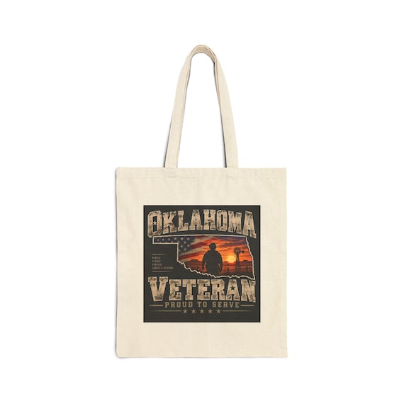 Oklahoma Veteran Tote Bag | State Flag Silhouette, Soldier Sunset Design