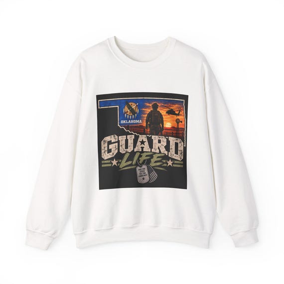 Oklahoma Guard Life sweatshirt | National Guard silhouette, dog tags, sunset scene