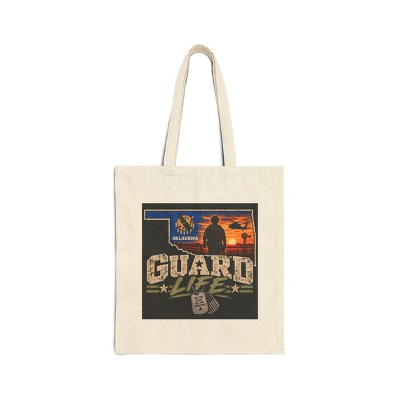 Guard Life Tote Bag | Military National Guard silhouette, flag patch, sunset scene