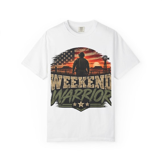 Weekend Warrior T-shirt | Military Silhouette, American Flag, Sunset