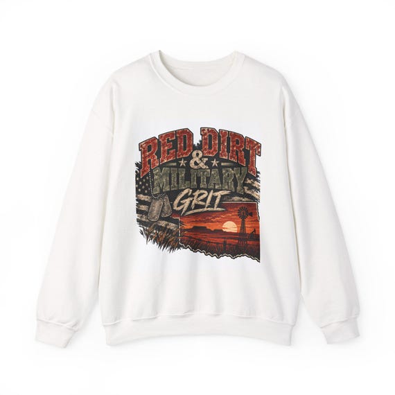 Red Dirt & Military Grit Crewneck Sweatshirt | Rustic Flag Sunset