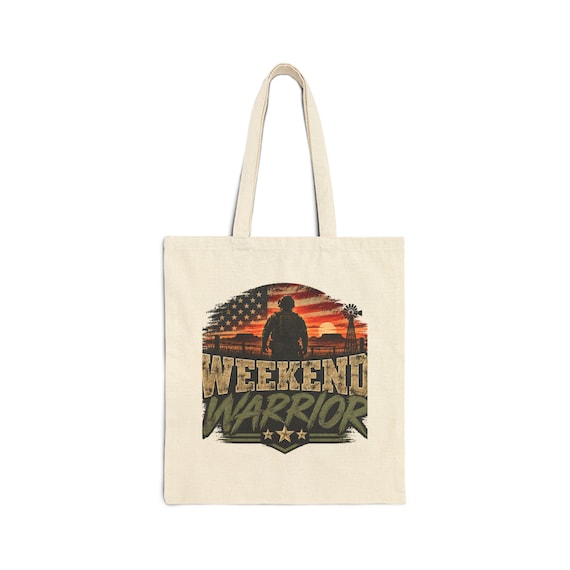 Weekend Warrior Tote Bag | American Flag Sunset Silhouette, Casual Canvas