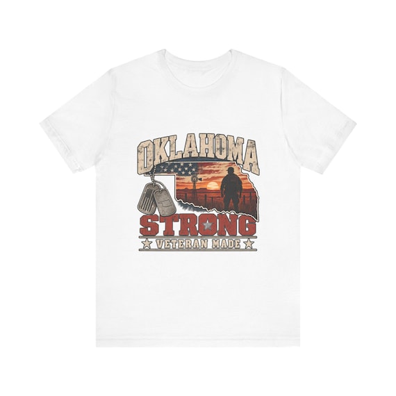 Oklahoma Strong Veteran Made T-Shirt | Military Dog Tags Sunset Silhouette