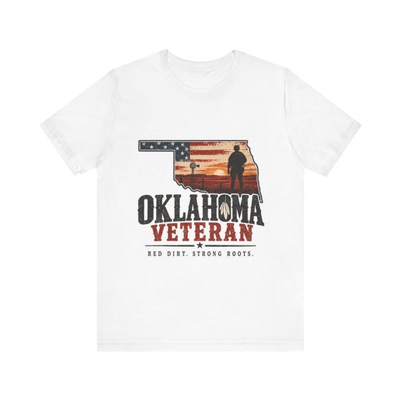 Oklahoma Veteran T-Shirt | State Silhouette American Flag, Soldier Sunset