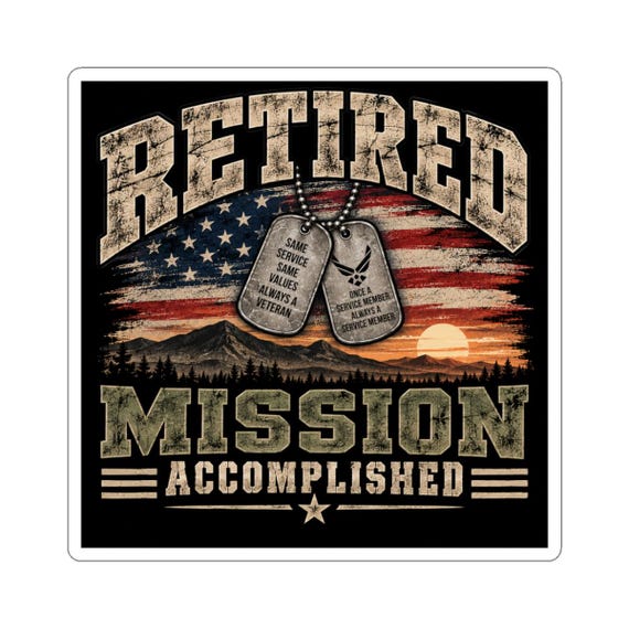 Retired Mission Accomplished Stickers | Veteran Dog Tags American Flag