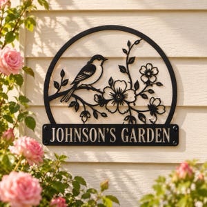 Personalized Bird Garden Sign, Custom Metal Garden Stake, Songbird on Flower Branch Yard Decor, Bird Lover Gift, Wall Sign