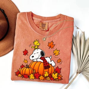 May include: A terracotta-colored crewneck t-shirt featuring a graphic of Snoopy wearing a red and black plaid scarf while resting on a large orange pumpkin, with Woodstock perched on Snoopy's head, surrounded by scattered red, orange, and yellow autumn leaves.