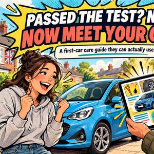 Peut inclure: Un guide numérique intitulé PASSED THE TEST? NICE. NOW MEET YOUR CAR. A first-car care guide they can actually use. L'écran affiche une voiture bleue et diverses icônes d'entretien, dont une jauge, un pneu, un essuie-glace, une batterie et un bidon.