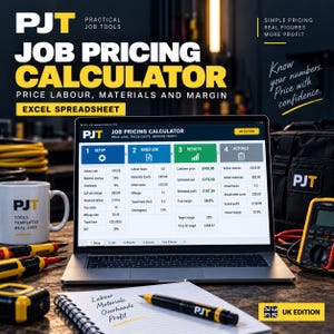May include: A laptop displaying a PJT Job Pricing Calculator Excel spreadsheet with columns for setup, build job, results, and actuals. The screen shows financial data including labor rates, material costs, and profit margins. A mug, pen, and tools are nearby.