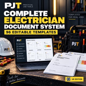 May include: A digital document system for electricians featuring 96 editable templates. The display shows a laptop screen with a menu of document types including quotes, invoices, and risk assessments, alongside printed paper forms and a tool bag.