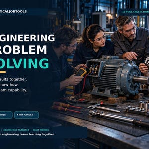 May include: A digital graphic featuring the text "PRACTICALJOBTOOLS", "12-TOOL COLLECTION", "ENGINEERING PROBLEM SOLVING", "Solve faults together. Share know-how. Build team capability.", "8 EXCEL TOOLS", "4 PDF GUIDES", and "COACHING • KNOWLEDGE TRANSFER • FAULT FINDING". The image shows four people working on a large electric motor with various hand tools on a workbench.