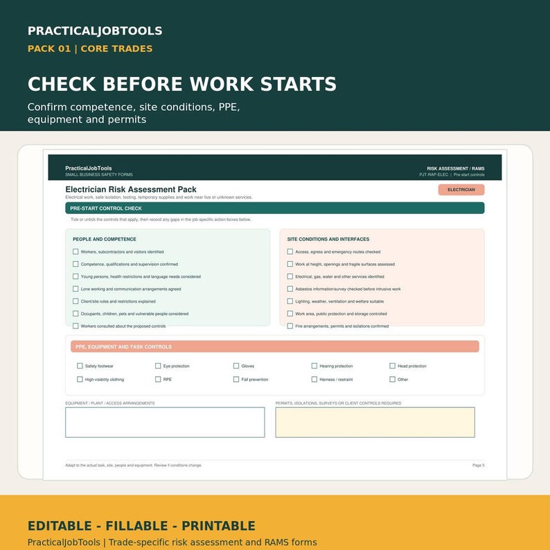 Risk Assessment Pack 1 | 12 Editable PDF Binders for Contractors ...