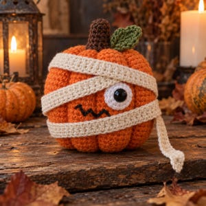 Pode incluir: Uma abóbora laranja de crochê decorada como uma múmia com faixas de fio creme enroladas no corpo. Possui um grande olho de plástico preto e branco, um caule marrom escuro, uma pequena folha verde e uma boca preta bordada em ziguezague.