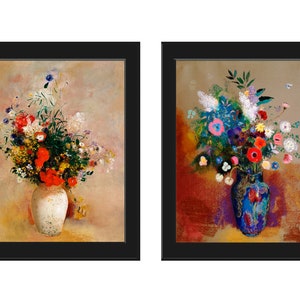 Botanical Flower Bouquet Print Wall Art Set of 2 Prints Beautiful Antique French Painter Odilon Redon Illustration Home Room Decor Unframed