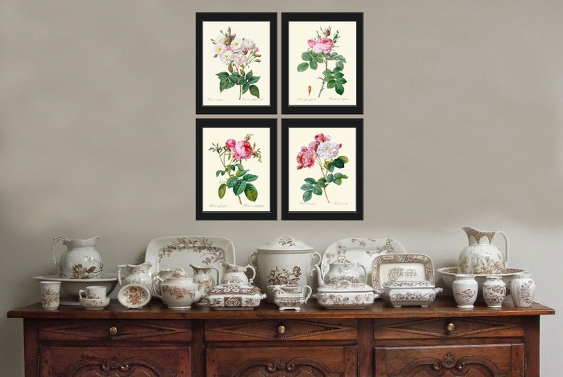 Vintage Roses Botanical Print SET of 4 Wall Art Prints Antique Pink ...