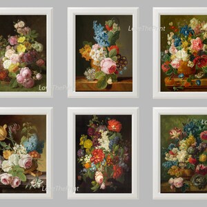 May include: Six framed prints of vintage still life paintings featuring colorful bouquets of flowers in vases. The paintings are set against dark backgrounds and feature a variety of flowers, including roses, lilies, tulips, and daisies.