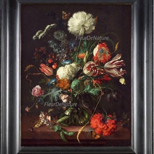May include: A still life painting of a vase filled with a variety of colorful flowers, including tulips, roses, and carnations. The vase is clear glass and sits on a brown table. The background is dark and the painting is framed in black.