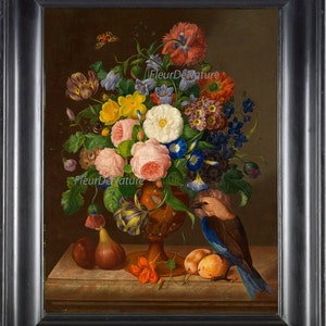 May include: A still life painting featuring a vase filled with a variety of colorful flowers, including roses, carnations, and bluebells. The vase is on a table with a bird and fruit. The painting is framed in a black frame.